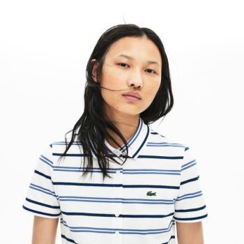 Lacoste Slim Fit Striped Stretch Piqué Polo Shirt - Polo Dámské Bílé / Blankyt / Tmavě Blankyt Blank